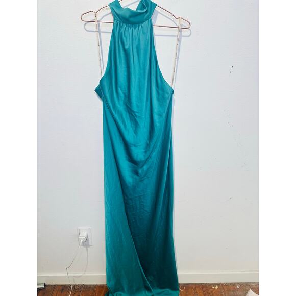 FAVIANA Green Satin Sleeveless Halter Neck Thigh-High Side Slit Gown Dress sz 14 - Picture 2 of 16